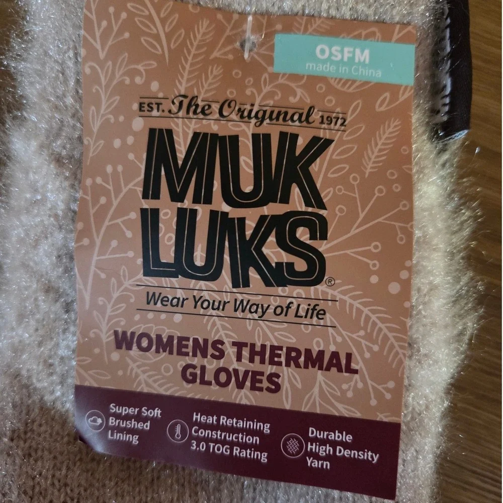 Muk Luks Womens Thermal Gloves Tan White Fuzzy Knit‎ 3.0 TOG OSFM New